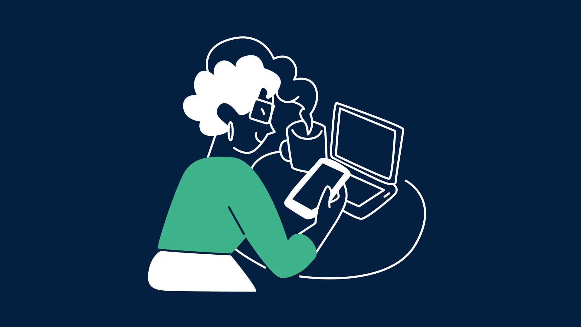 Illustration einer Frau, die vor einem Laptop sitzt. Sie hat ein Smartphone in der Hand und eine Tasse mit einem dampfenden Getränk neben sich stehen.