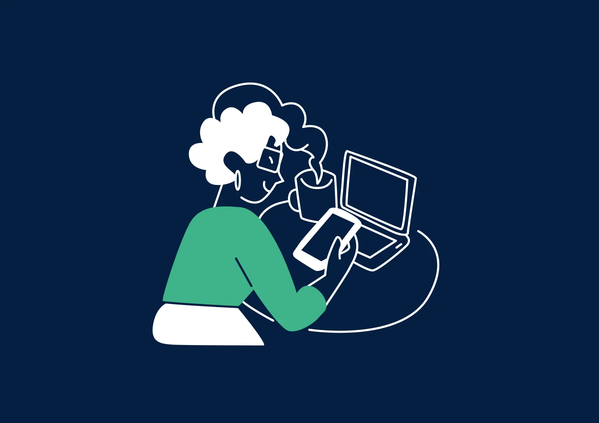 Illustration einer Frau, die vor einem Laptop sitzt. Sie hat ein Smartphone in der Hand und eine Tasse mit einem dampfenden Getränk neben sich stehen.