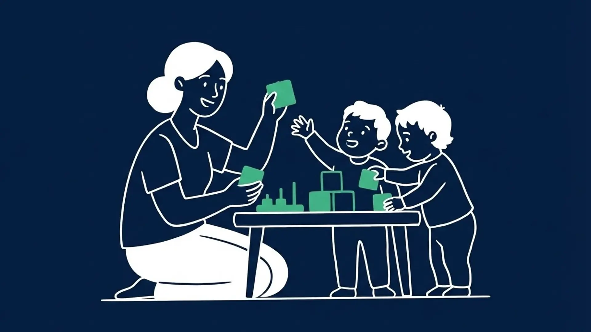 Illustration im minimalistischen Linienstil: Eine Frau und zwei Kleinkinder sitzen an einem niedrigen Tisch und beschäftigen sich gemeinsam mit Lernspielzeug und Bauklötzen. Die Grafik ist in den Farben Dunkelblau, Weiß und Mintgrün gehalten und symbolisiert spielerische Frühförderung.