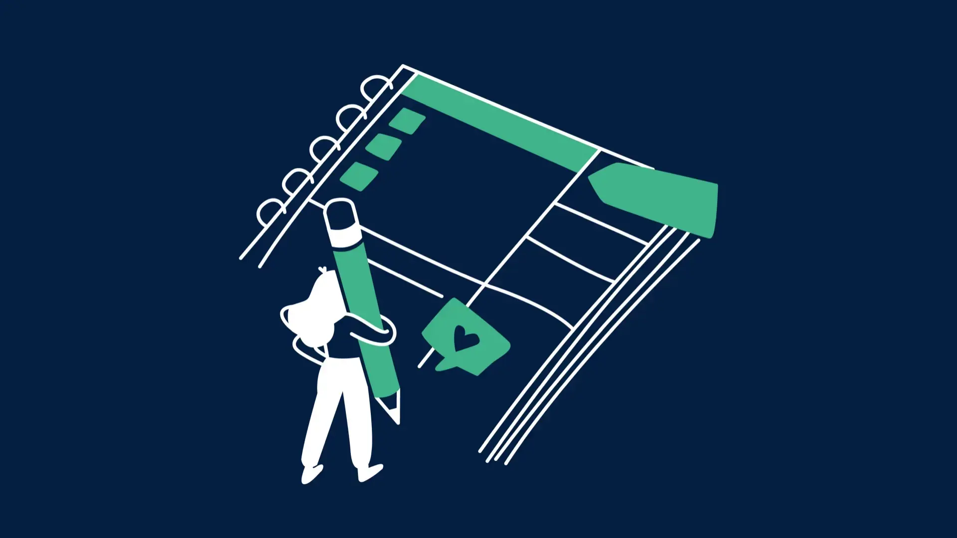 Illustration einer Frau, die einen körpergroßen Stift trägt, mit dem sie auf einem sehr großen Kalender etwas einträgt.