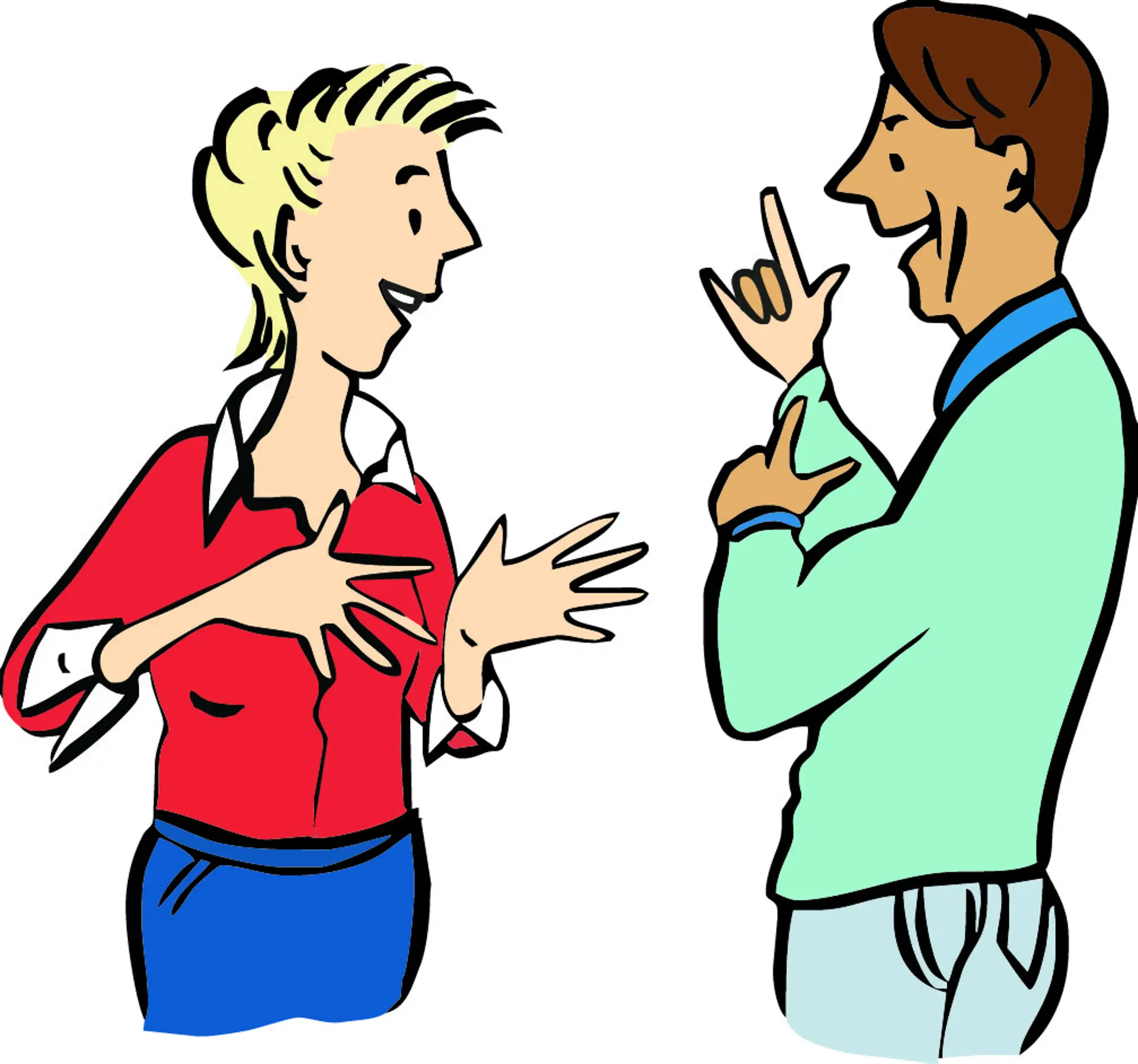 Illustration von zwei Menschen, die sich in Gebärdensprache unterhalten.