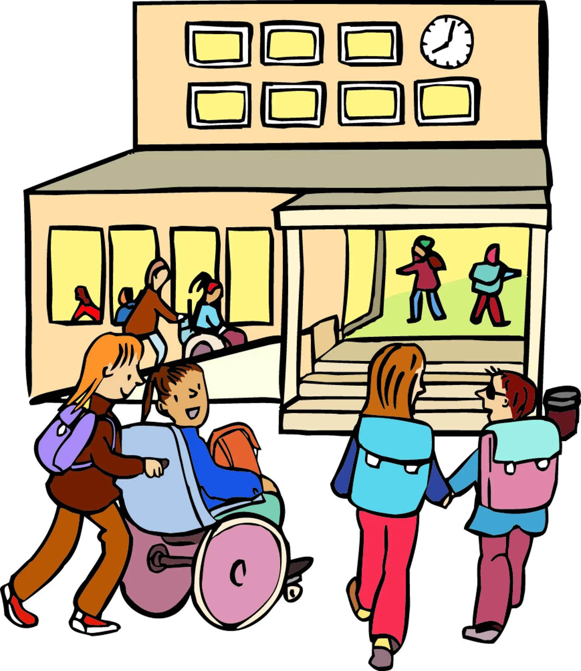 Viele Kinder gehen in Richtung Schuleingang. Manche sind zu Fuß, eines davon ist blind, ein Kitz im Rollstuhl.